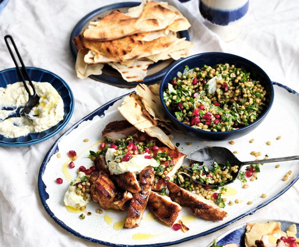 Shawarma-spiced chicken with pomegranate tabbouleh