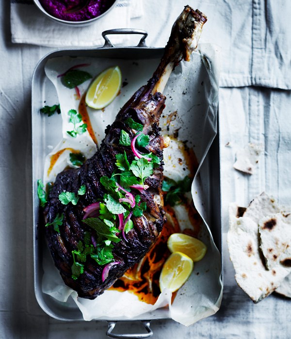 Shawarma-spiced roast lamb leg with beetroot sauce