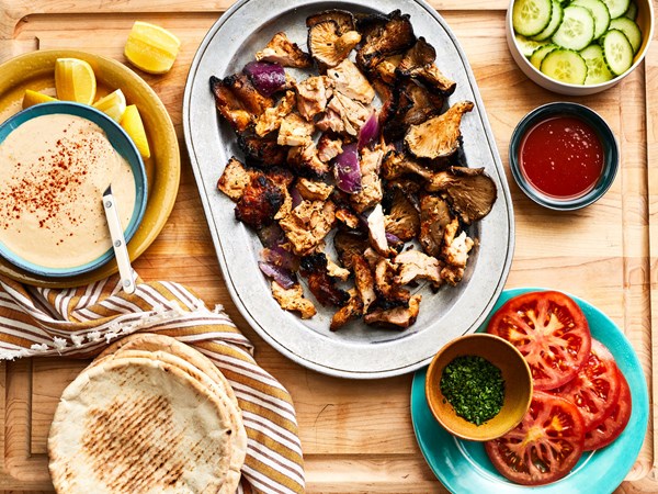 Shawarma-style chicken and mushroom kebabs