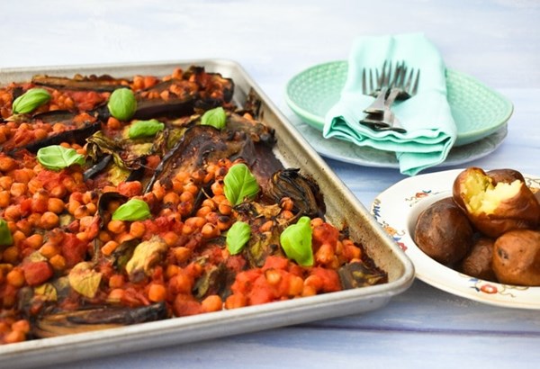  Sheet pan aubergine (eggplant) & chickpea bake