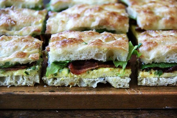 Sheet pan bacon and egg breakfast sandwiches with overnight focaccia