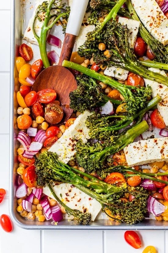 Sheet pan baked feta with broccolini, tomatoes and chickpeas