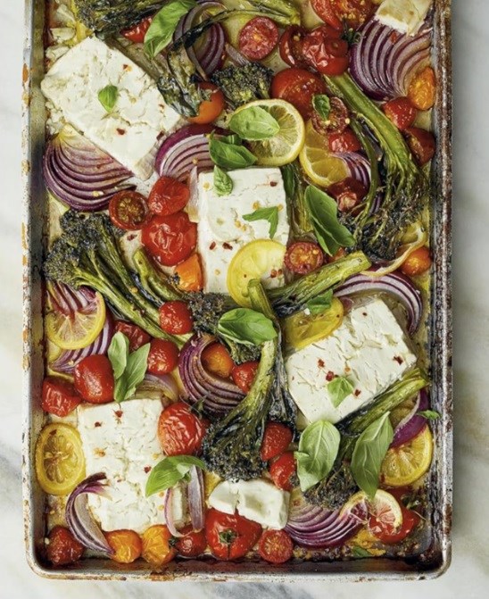 Sheet-pan baked feta with broccolini, tomatoes and lemon [Yasmin Fahr]