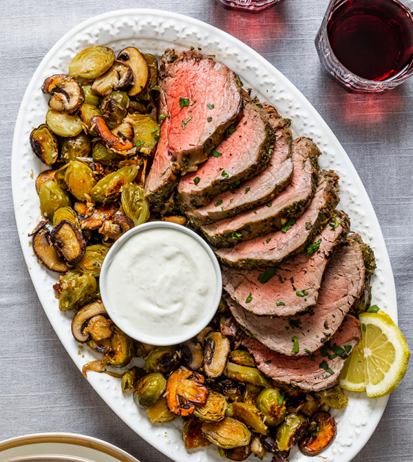 Sheet pan beef tenderloin with mushrooms and Brussels sprouts 