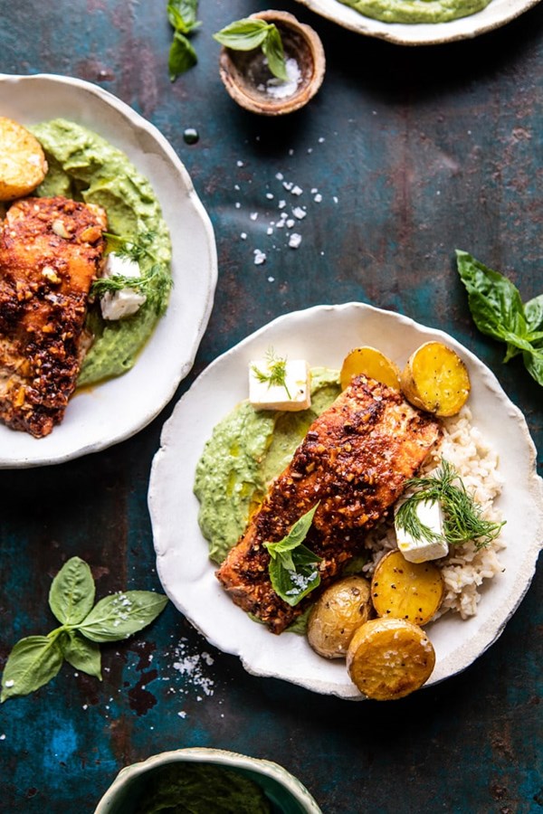 Sheet pan blackened salmon bowl with potatoes and avocado goddess sauce