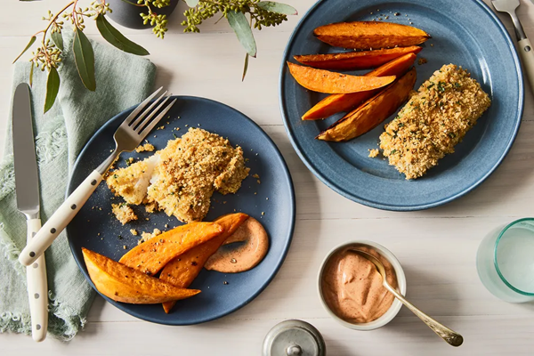 Sheet-pan breaded Alaska cod with sweet potato wedges