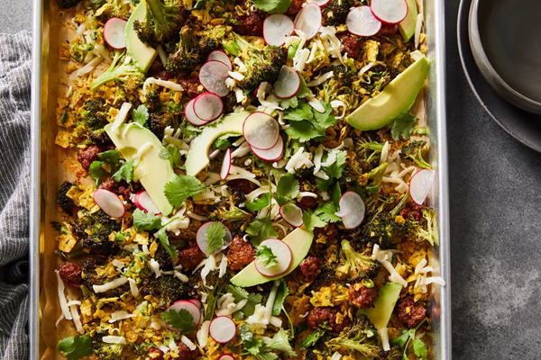 Sheet-pan broccoli & chorizo salad with tortilla chip gremolata