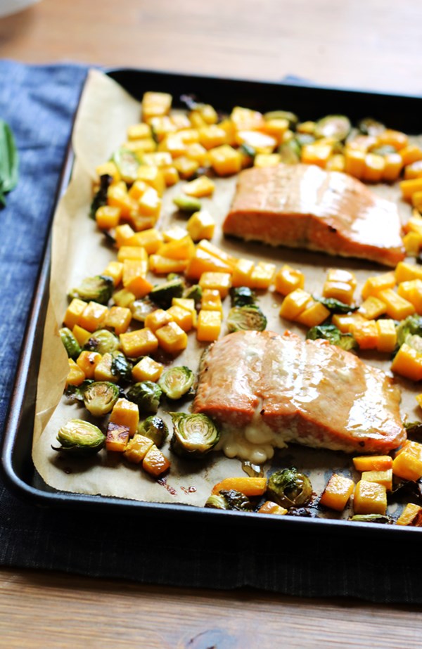 Sheet pan brown sugar salmon with roasted butternut squash and Brussels sprouts
