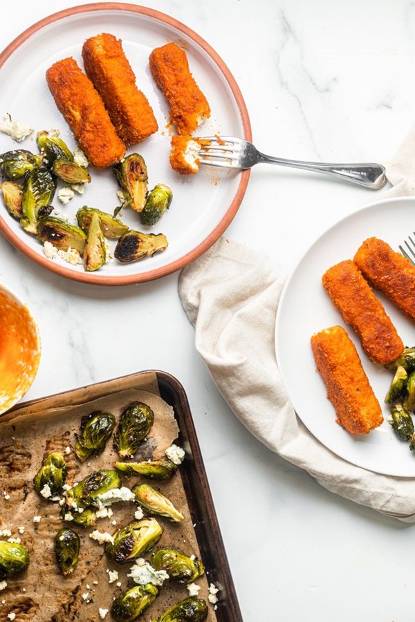 Sheet pan Buffalo tofu and blue cheese Brussels sprouts