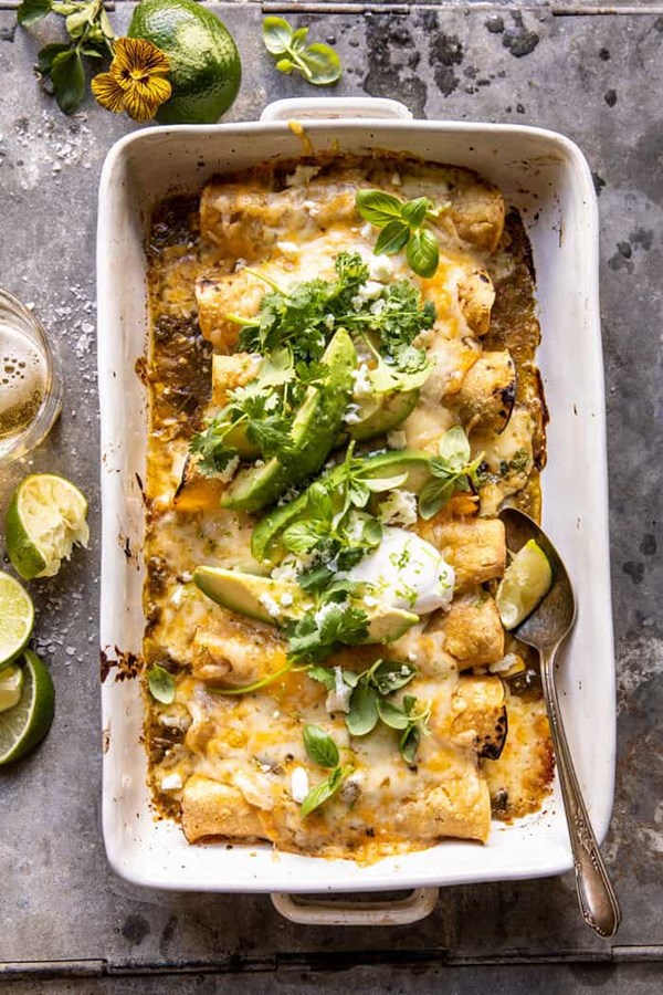 Sheet pan cheesy poblano corn enchiladas