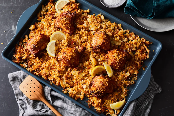 Sheet-pan chicken & cheesy cauliflower gratin