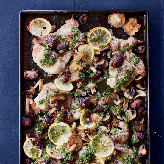 Sheet pan chicken and mushrooms with parsley sauce