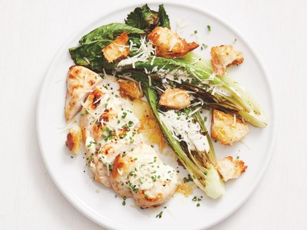 Sheet-pan chicken Caesar salad