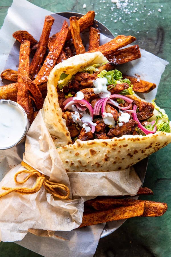 Sheet pan chicken gyros with feta tzatziki
