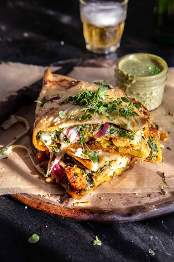 Sheet pan chicken shawarma Havarti sandwich