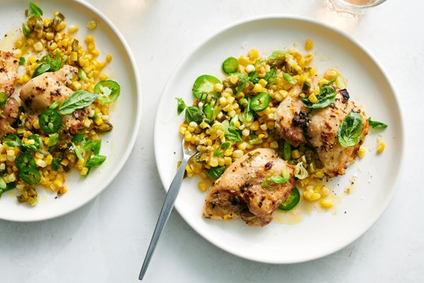 Sheet-pan chicken thighs with spicy corn [Melissa Clark]