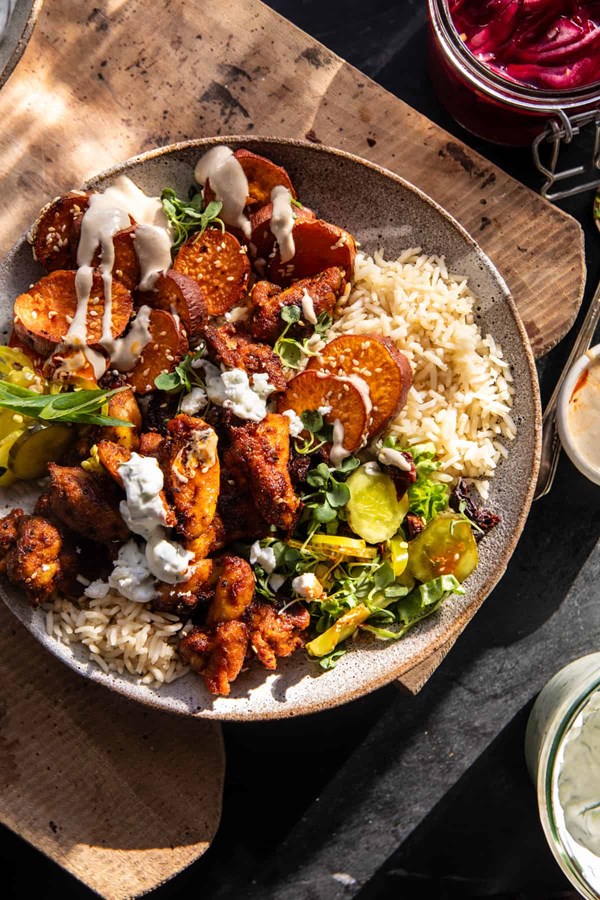 Sheet pan chicken tzatziki and sweet potatoes