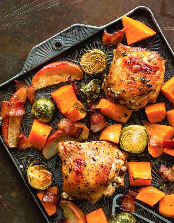 Sheet pan chicken with apples, bacon, and Brussels sprouts