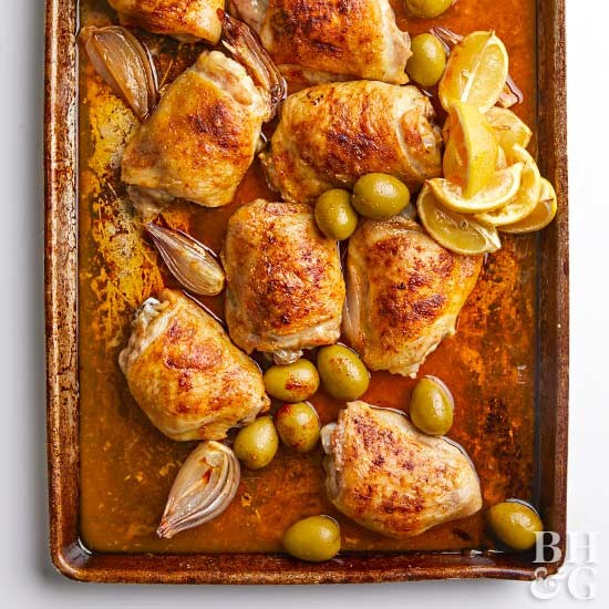 Sheet-pan chicken with lemons and green olives