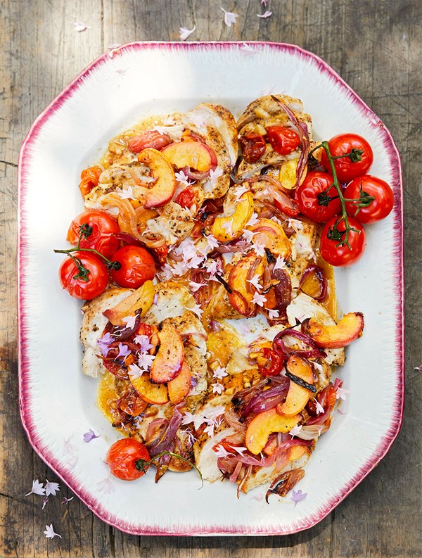 Sheet-pan chicken with peaches and tomatoes