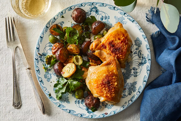 Sheet-pan chicken with potatoes, olives & herbs