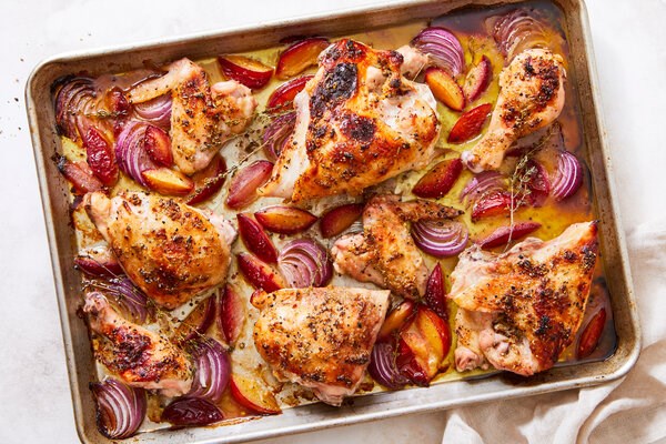 Sheet-pan chicken with roasted plums and onions