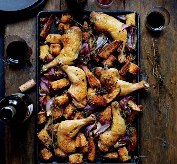 Sheet-pan chicken with sourdough and bacon