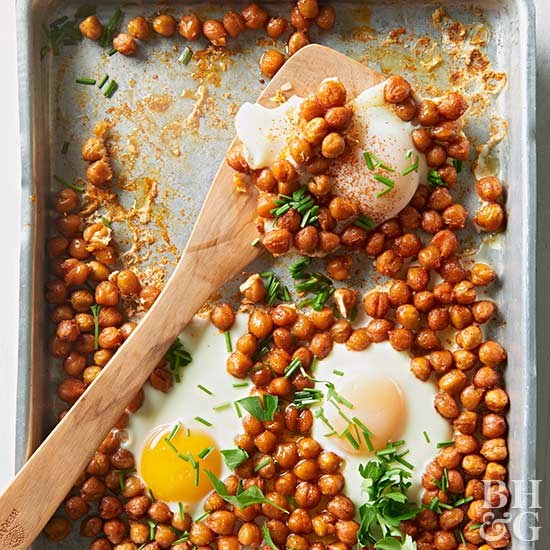 Sheet-pan chickpeas and eggs
