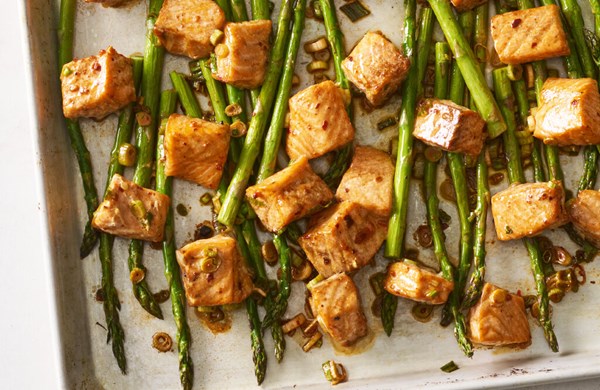 Sheet-pan chile crisp salmon and asparagus [Yasmin Fahr]