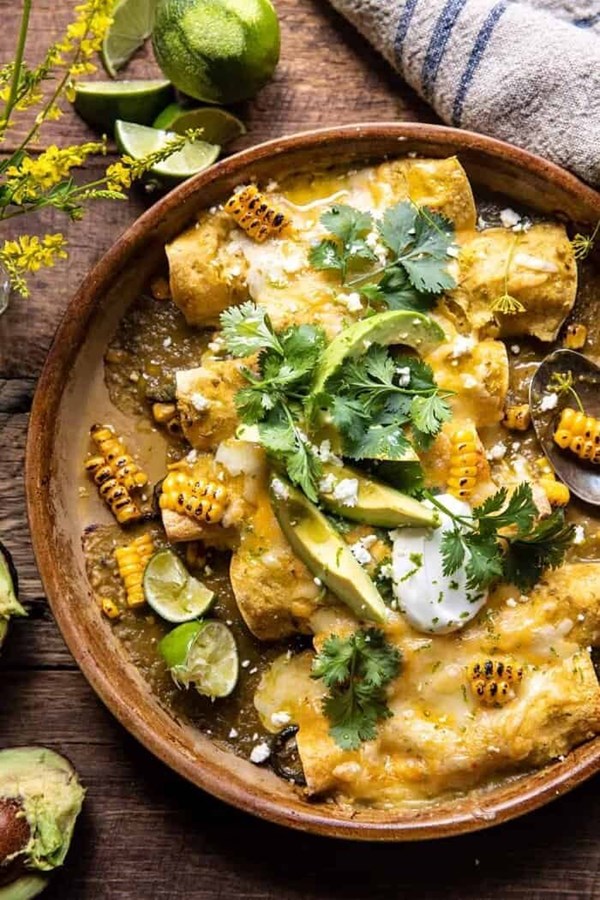 Sheet pan chipotle cheddar corn chicken enchiladas