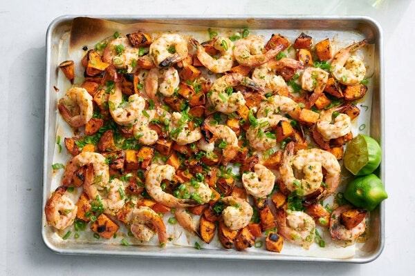 Sheet-pan coconut shrimp and sweet potatoes 