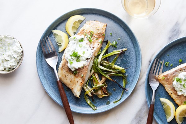 Sheet-pan cod and scallions with cucumber yogurt [Melissa Clark]