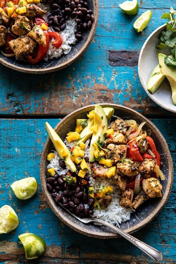 Sheet pan Cuban chicken and black bean rice bowl