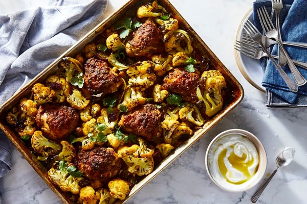 Sheet pan curried chicken with cauliflower and grapes