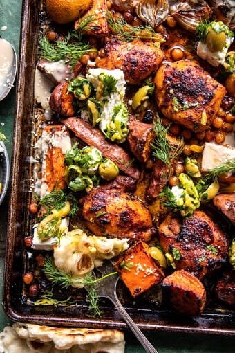 Sheet pan curry butter chicken with sweet potatoes and tahini