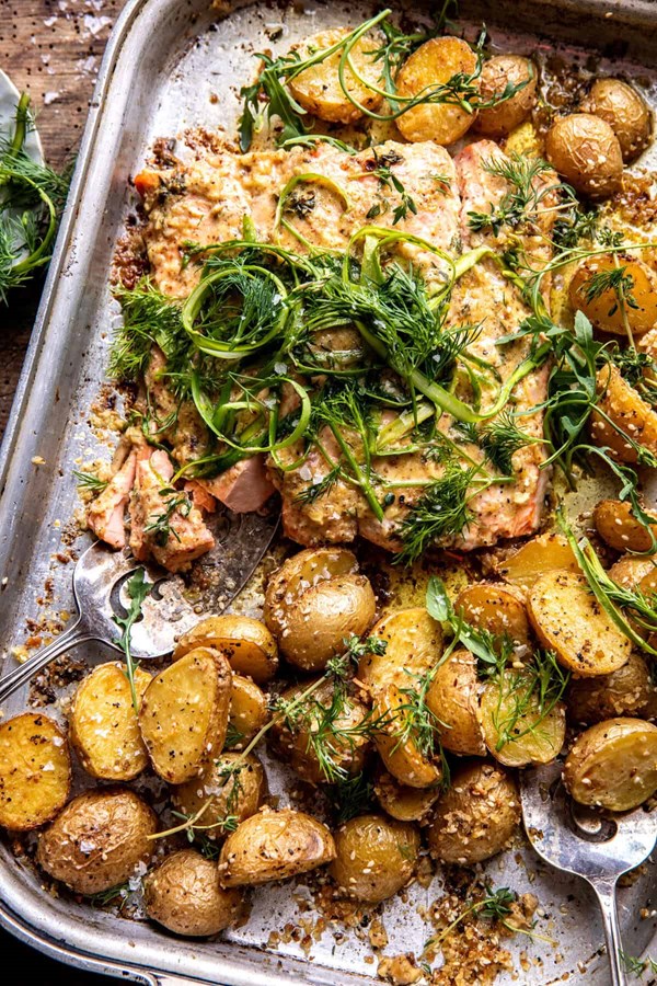Sheet pan Dijon salmon and sesame panko potatoes