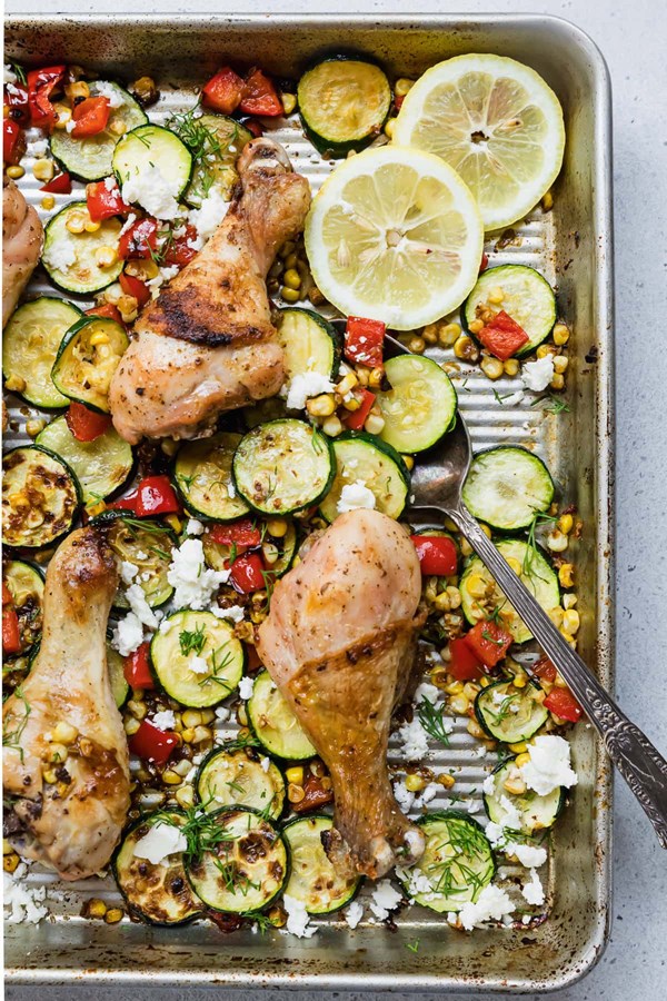 Sheet pan drumsticks with zucchini and corn