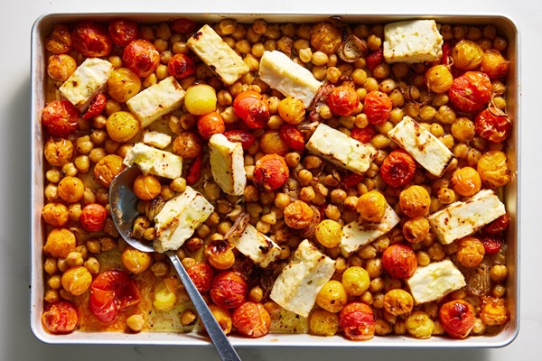 Sheet-pan feta with chickpeas and tomatoes [Ali Slagle]