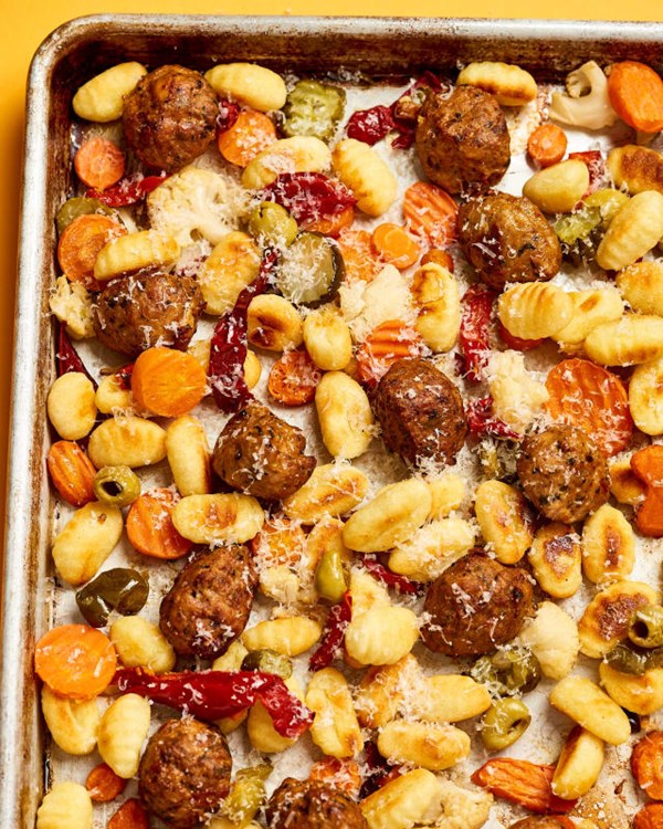 Sheet pan gnocchi, meatballs, and giardiniera