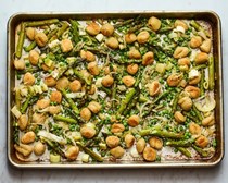 Sheet-pan gnocchi with asparagus, leeks and peas