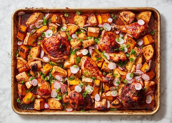Sheet-pan gochujang chicken and roasted vegetables