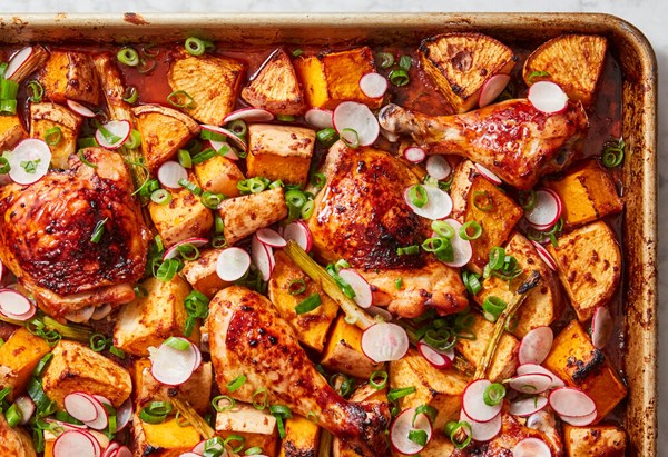 Sheet-pan gochujang chicken and roasted vegetables [Yewande Komolafe]