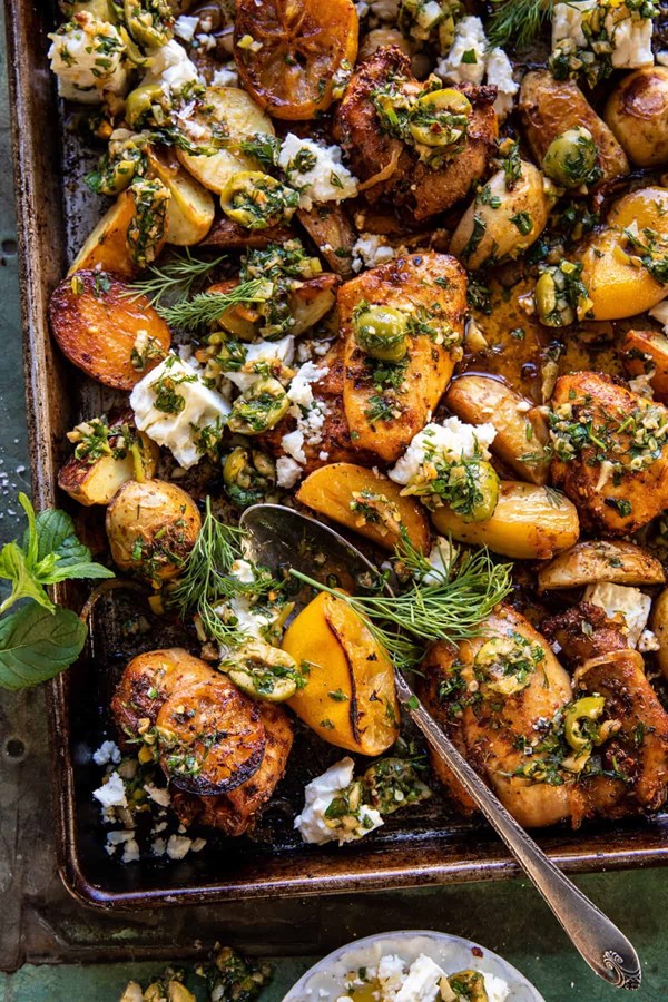 Sheet pan Greek garlic butter chicken and potatoes