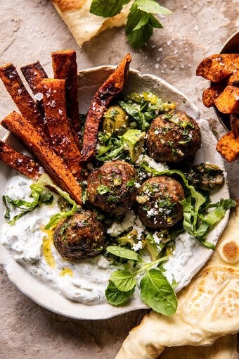 Sheet pan Greek meatballs and tzatziki