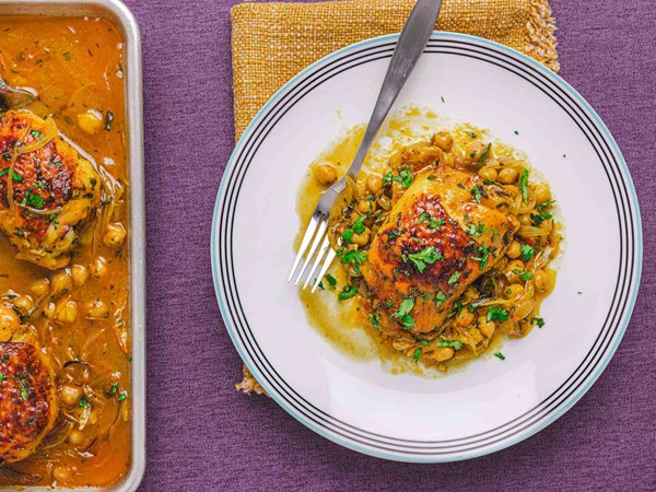 Sheet pan harissa and orange chicken with chickpeas