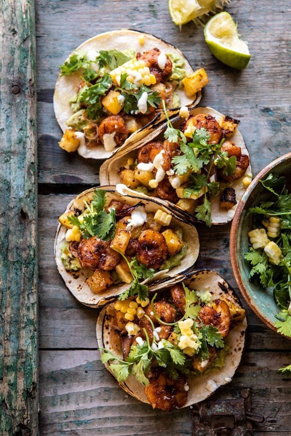 Sheet pan Hawaiian pineapple shrimp tacos with creamy jalapeño special sauce