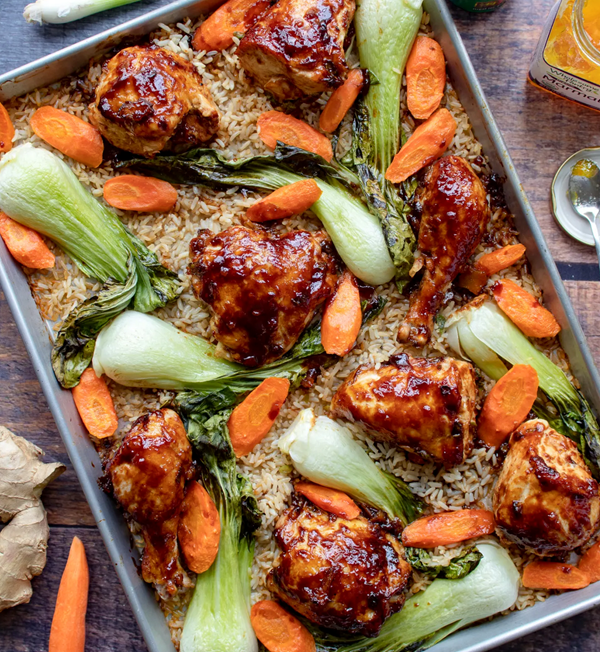 Sheet pan hoisin marmalade chicken with carrots, baby bok choy, and rice