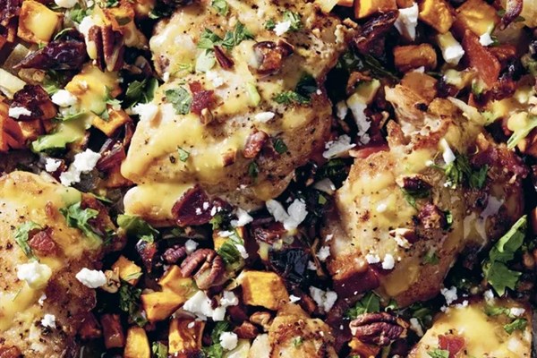 Sheet pan honey mustard chicken, sweet potato & bacon [Ambitious Kitchen]