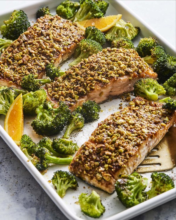 Sheet pan honey orange pistachio salmon and broccoli