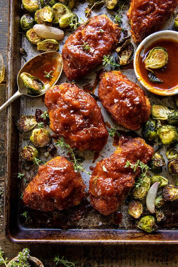 Sheet pan hot honey mustard chicken and crispy Brussels sprouts